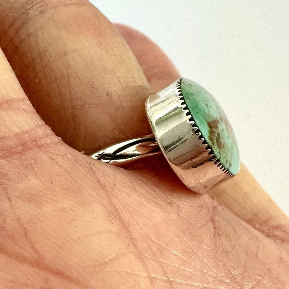 Navajo Horizontal Oval‎ Turquoise Ring Sz 6 Fannie Platero Sterling Native Amer